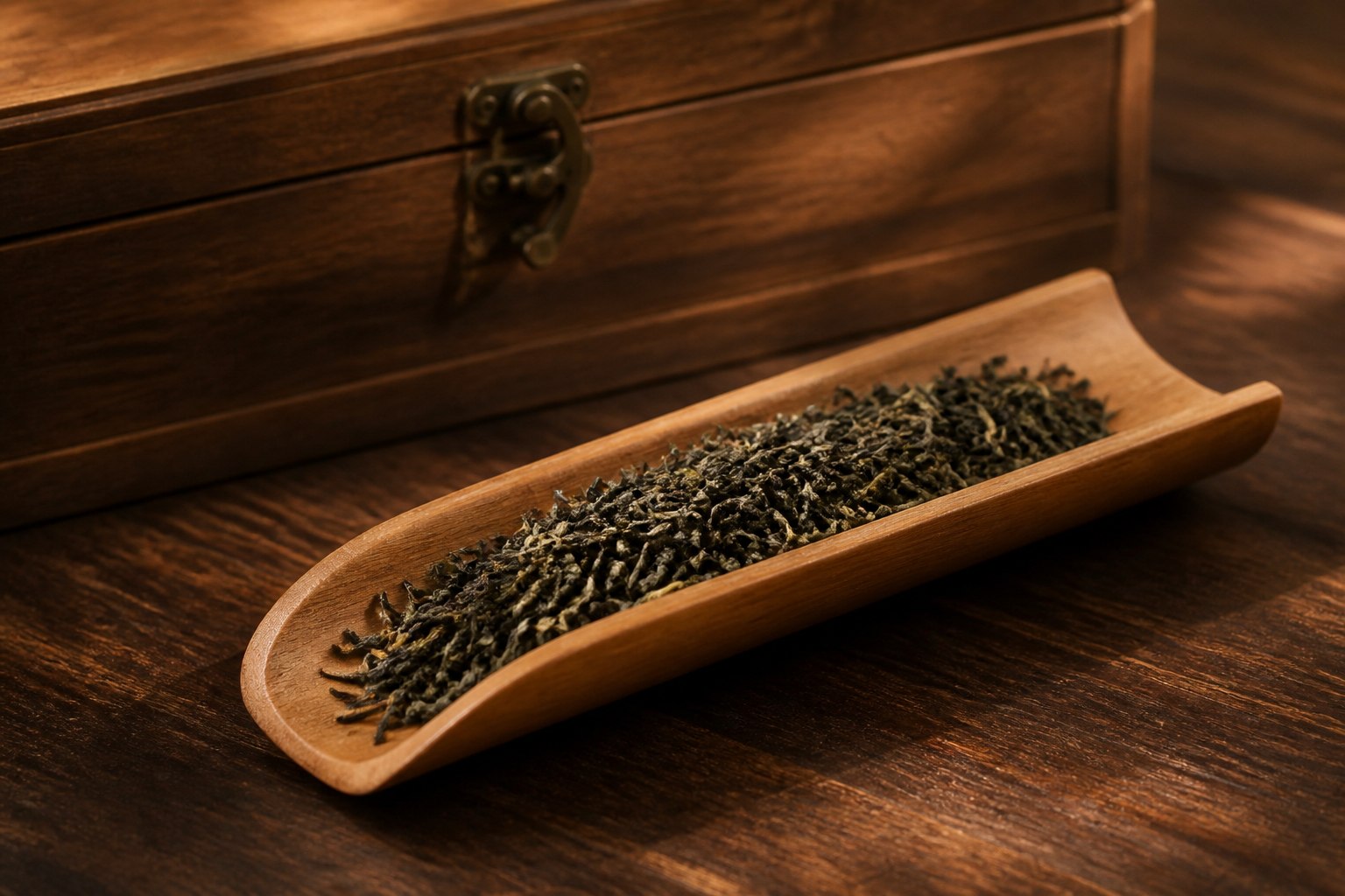 木质茶则中的精选茶叶