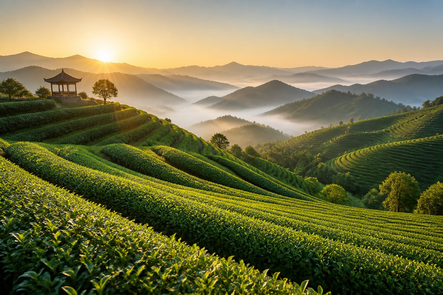 晨光下的春季茶园