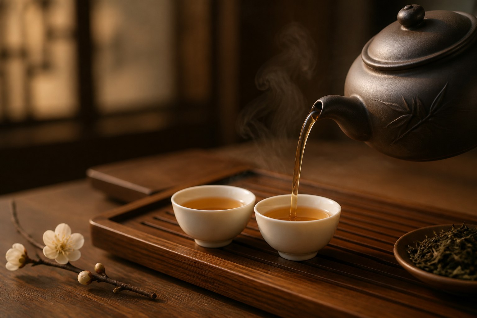 安静茶席上的紫砂壶与茶杯